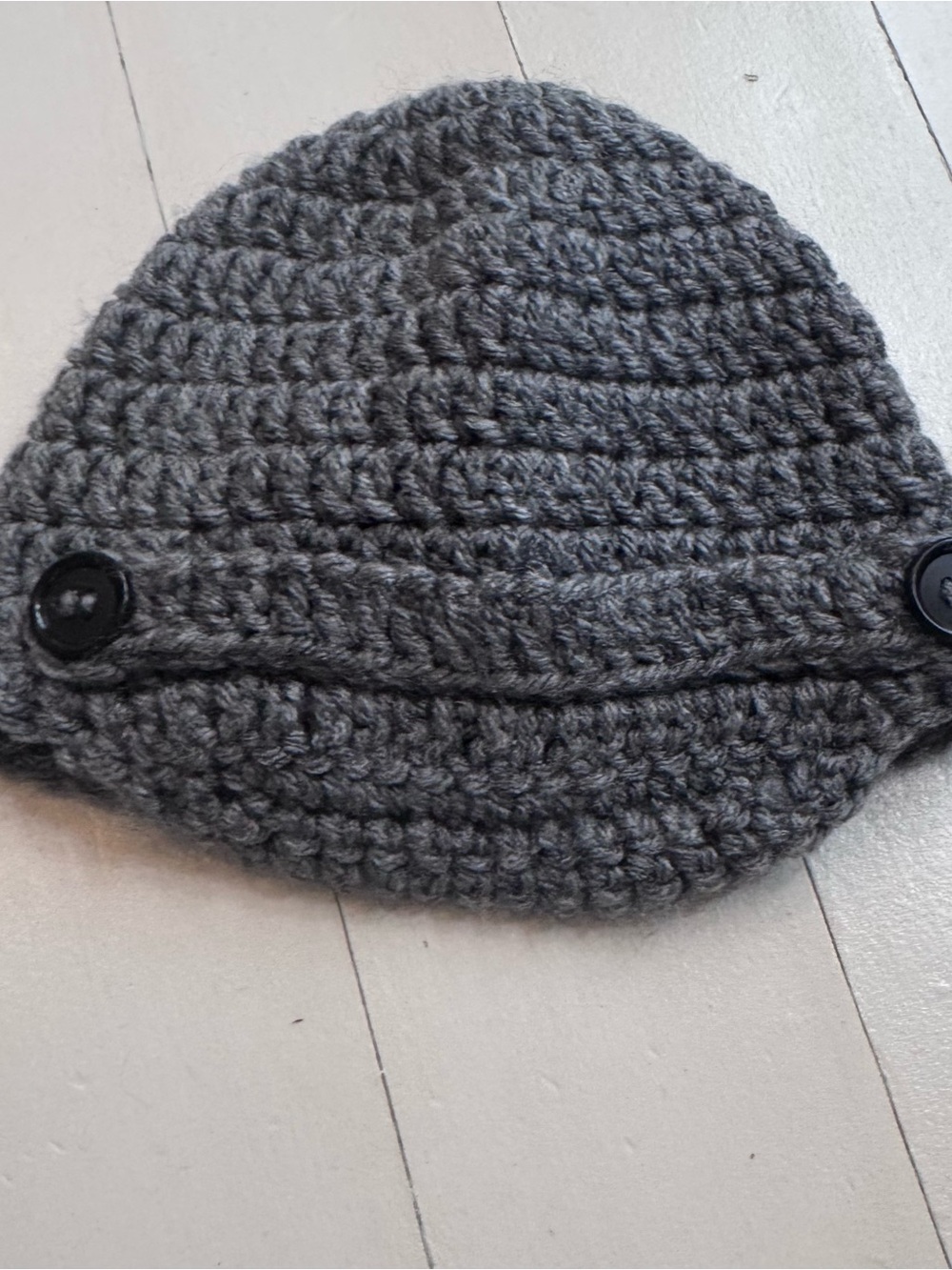Kids Crochet Button Beanie Hat With Brim - Gray